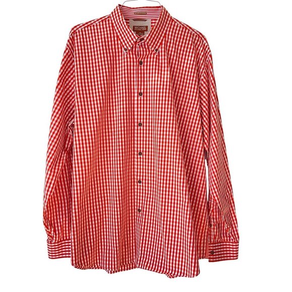 Michael Kors Red White Gingham Button-Up Shirt Size XXL Cotton Long Sleeve Mens - Picture 1 of 7